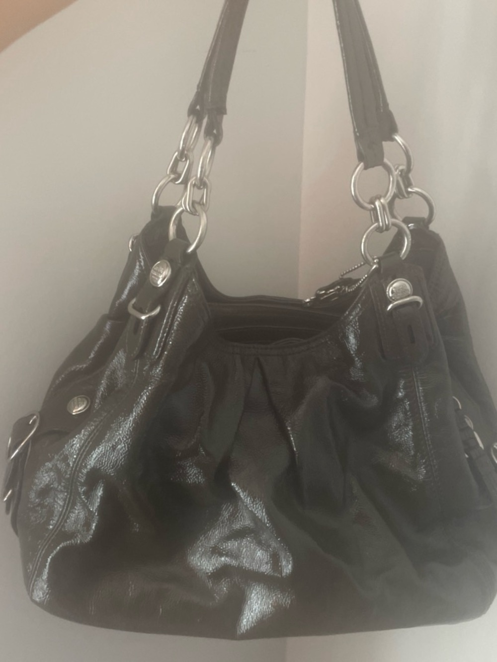 Coach Black Patent Leather Shoulder Bag with Silver Hardware